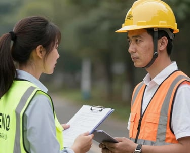 A professional team collaborating in a modern office with safety and technology elements.