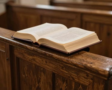 An open Holy Bible rests on a wooden church pew in a traditional sanctuary.