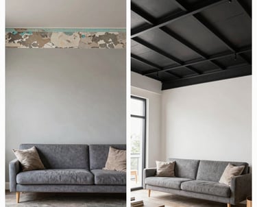 A worn-out living room wall with faded paint and scuff marks.