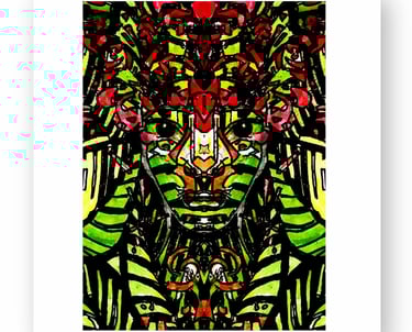 Vibrant abstract portrait art with green, red, and yellow patterns forming a symmetrical face.