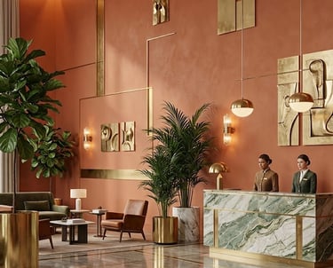 Luxury hotel lobby with green marble reception desk, plastered walls