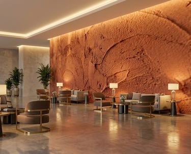 Modern luxury hotel lobby with plastered walls, velvet armchairs, and cozy ambient lighting..