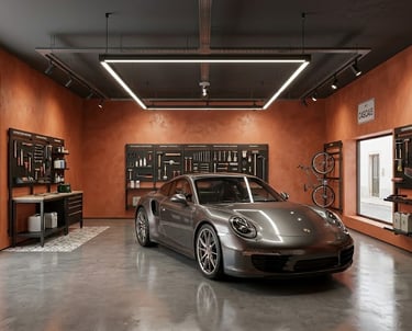 Modern garage, plastered walls, and organized shelves for storing tools.