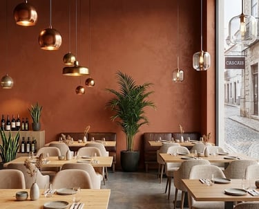 Modern restaurant interior with plastered walls, stylish pendant lighting, and minimalist wooden tab