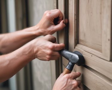 A handyman carefully fixing a wooden door hinge in a cozy home.
