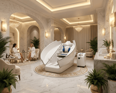 Luxury medical spa interior featuring a modern hyperbaric oxygen chamber and marble wellness lounge.