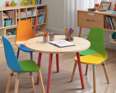 A cheerful tutor guiding a small group of elementary kids with colorful learning materials.