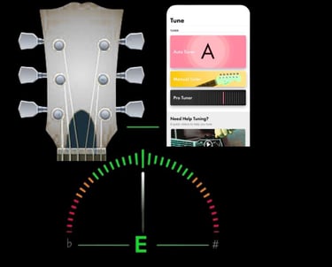 An electricguitar tuner app interface displaying a headstock and needle for tuning strings.
