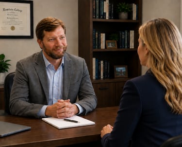 Professional psychiatric consultation between Dr. Parker and patient in a modern office setting