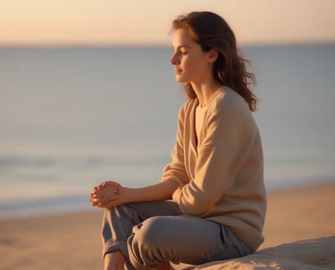 A serene person meditating outdoors surrounded by soft sunlight.