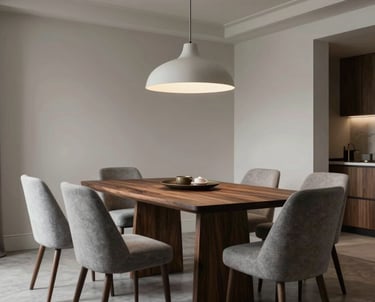 An elegant interior photography shot of a modern North American dining room with a large dark wood table, cloud grey chairs, and a designer pendant light, showcasing 3D photorealism.