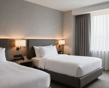 A bright and airy photograph of a contemporary hotel suite, North American / US style, featuring neutral color palettes of cloud grey and dark charcoal, showcasing the accuracy of a finished 3D visualization.