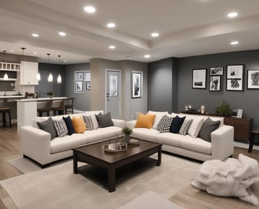 A skilled worker patching drywall with tools and paint supplies nearby.