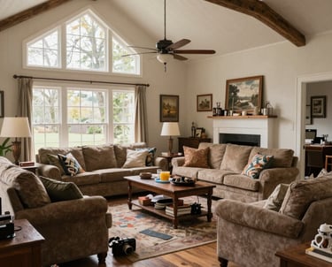 A bright, tidy living room with neatly organized shelves and a welcoming atmosphere.