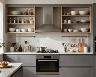 A spacious, clutter-free kitchen mid-transformation with boxes and labels.
