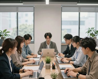 A dynamic team collaborating in a bright office with orange and white branding elements.