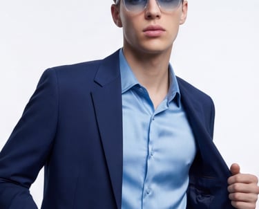 A man wearing a blue suit, light blue shirt, and stylish sunglasses posing against a white background.
