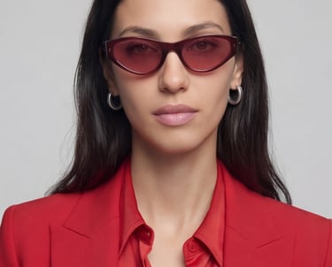 Woman wearing burgundy cat-eye sunglasses and a red blazer with silver hoop earrings.