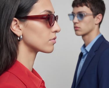 Fashion models wearing red and blue tinted designer sunglasses in a professional studio photoshoot.