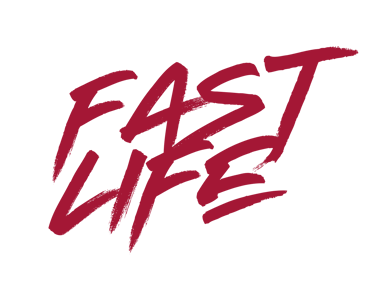 Fast Life red brush stroke typography logo on a black background.