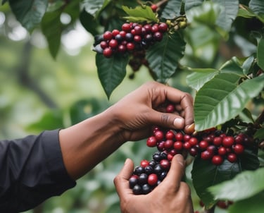 Photo of Ugandan farmers handpicking ripe coffee cherries in a lush rural setting.