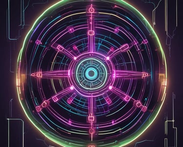 A futuristic AI avatar with animated speech bubbles glowing in neon colors on a dark background.