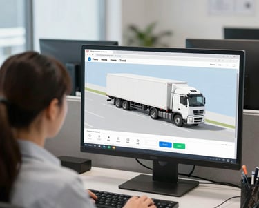 A friendly dispatch team coordinating routes in a busy office with multiple screens showing truck locations.