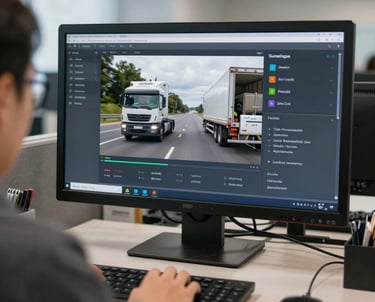 A busy dispatch office with multiple screens showing truck routes and load details.