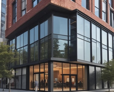 High-quality real estate image showing a modern mixed-use building under bright daylight.