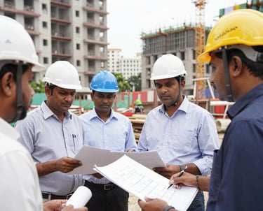 Professional team meeting in a modern office discussing redevelopment plans with legal documents and blueprints.