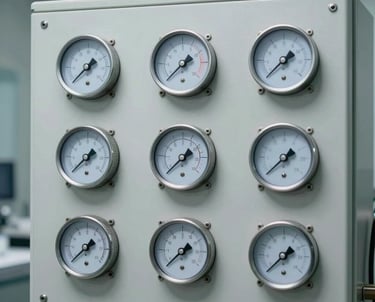 A high-end vacuum chamber control panel showing temperature and pressure readings in a sterile environment.