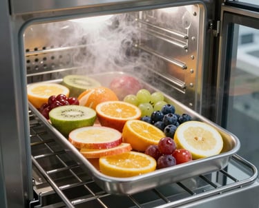 A tray of colorful fruit slices entering a high-tech stainless steel flash-freezing chamber with visible cold mist.