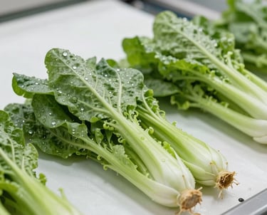 A close-up of fresh, dew-covered vegetables being sorted on a clean white conveyor belt under bright, professional lighting.