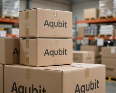 Finished Aqubit branded packages being expertly stacked into export boxes in a bright, modern warehouse.