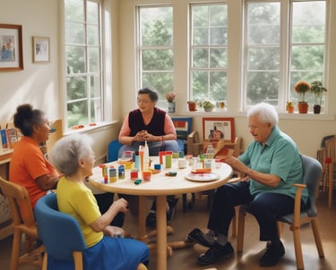 Elderly people enjoying group activities in a bright, welcoming day care room.