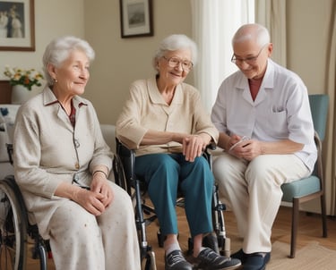 A caring nurse assisting an elderly person recovering after surgery in a cozy room.