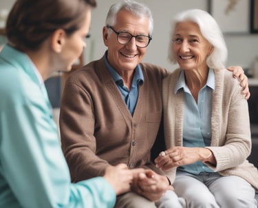 A warm, inviting common area with elderly residents engaging in group activities and smiling.