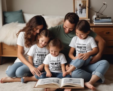A cozy family reading together on a couch surrounded by colorful children’s books and playful home essentials.