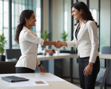 A friendly mortgage advisor discussing loan options with a young couple in a bright, modern office.
