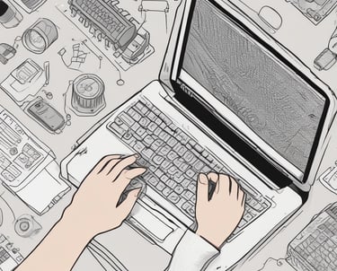 A friendly professional working remotely on a laptop with website code and design sketches visible.