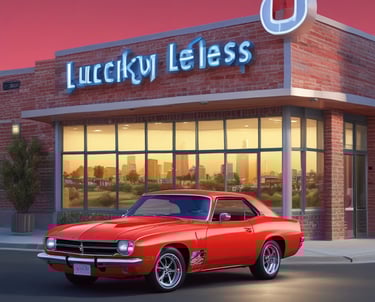 A friendly sales team welcoming customers at the Lucky Car 4 Less lot in Fayetteville, with rows of inspected used cars in the background.