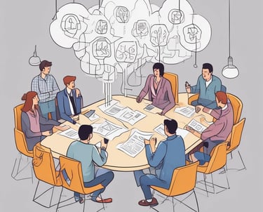 Diverse business team collaborating around a round table with abstract thought bubbles for creative brainstorming.