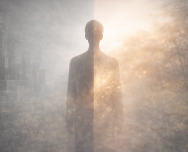 A human figure standing between two contrasting realities, symbolizing the confusion between social 