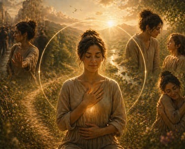 no judging others, including love for self, and less reactive, but whole