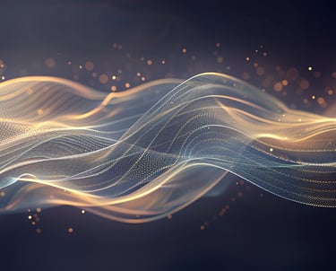 Abstract flowing layers of light and particles moving together across a dark background, representin