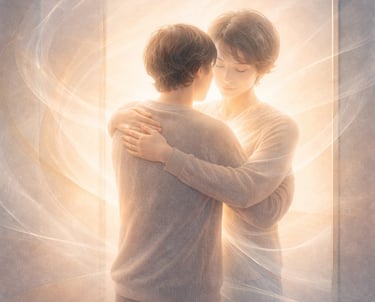 reflection gently hugs back, symbolizing integration, self-connection, we are mind, body, soul, and 