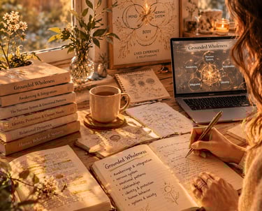 A soft workspace with books handwritten notes, and tools for reflection symbolizing lnner exploratio