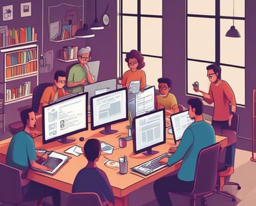 A team collaborating over laptops with code and diagrams on screen.