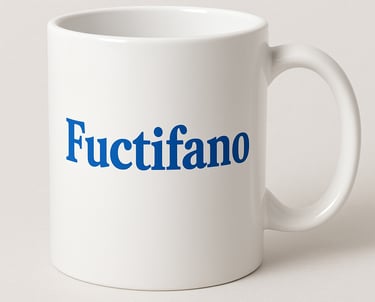 White coffee mug with the word Fuctifano, in blue letters, across the mug.