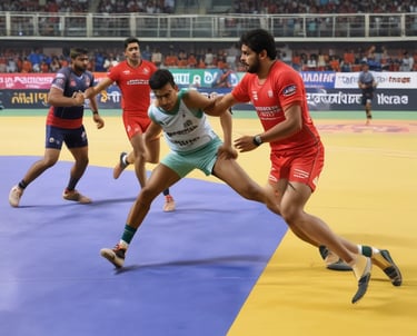 An intense kabaddi match in action with fans cheering in the background under bright stadium lights.
